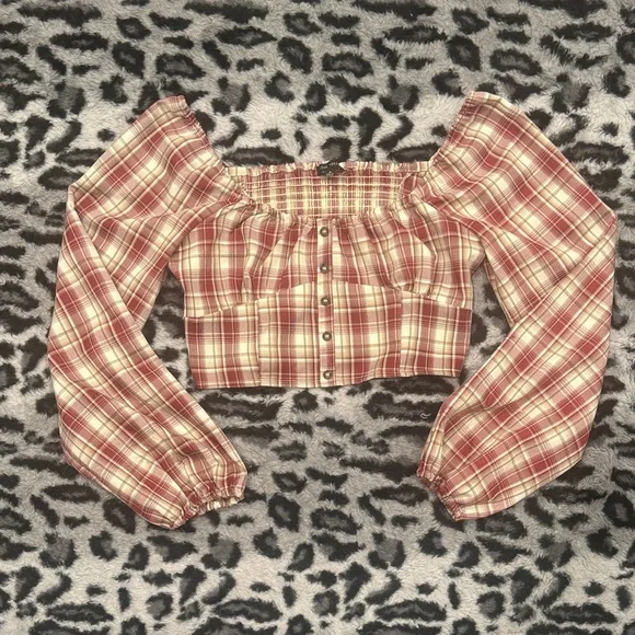 Love Tree Ruffled Burgundy and Cream Plaid Top - Picture 1 of 6